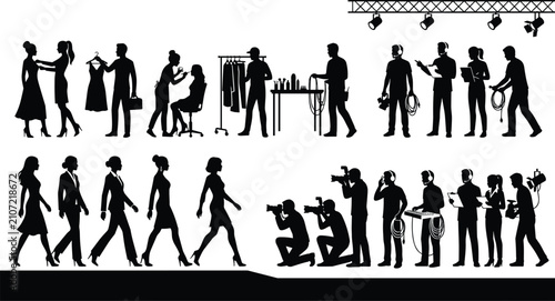 Silhouette illustration of fashion models, photographers, stylists, and makeup artists working together representing fashion show preparation, creativity, and teamwork