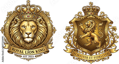 Golden lion crest emblems. Royal heraldic shields with crown and ornate vintage frames.