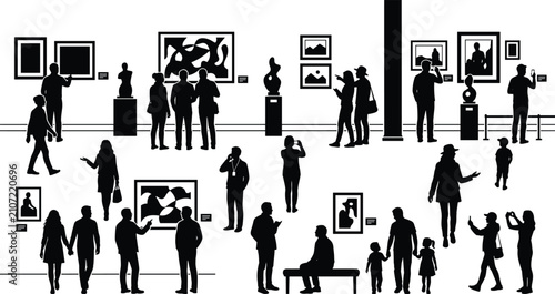 Silhouette illustration of people inside art gallery museum observing framed artworks sculptures diverse collection emphasizing cultural interaction and communal experience