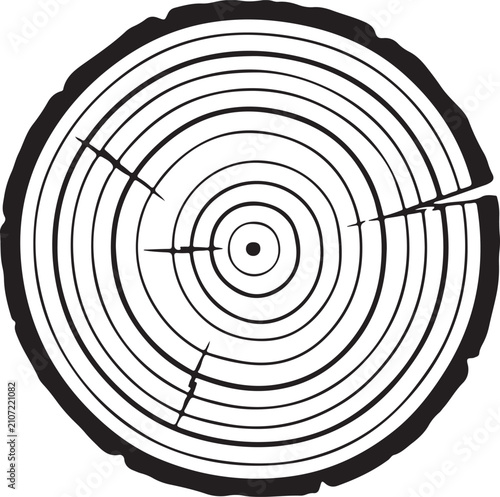 Detailed black and white of a tree ring cross-section showing growth patterns and natural imperfections