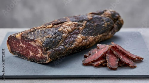 A piece of traditional South African biltong meat served sliced on a dark grey slate board