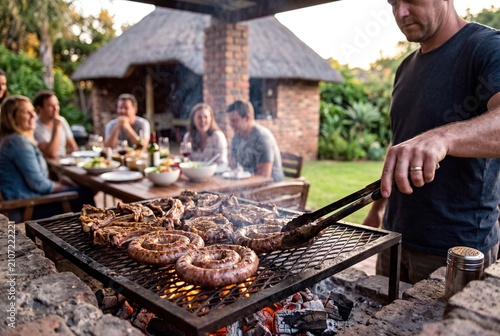 A man grilling traditional South African braai meat on an open fire with friends in the background