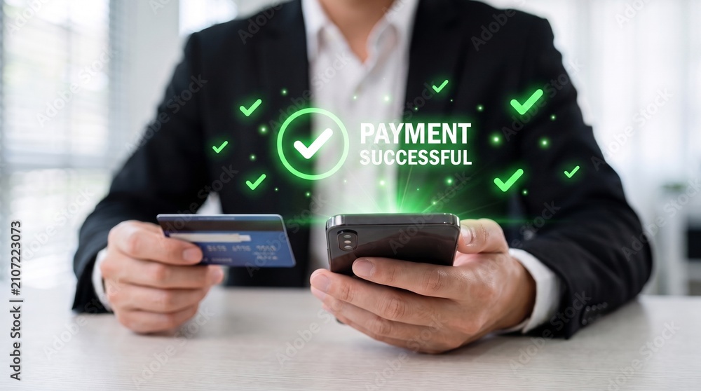 Obraz premium successful online payment and secure digital transaction showing businessman holding credit card and smartphone with green checkmark holographic display. e commerce checkout and mobile banking confirm