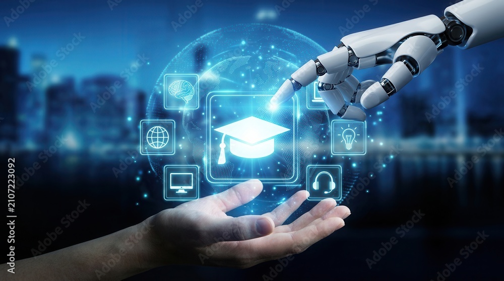 Fototapeta premium Personalizing content and improving interactive education experiences in virtual classrooms through AI assists in online learning.