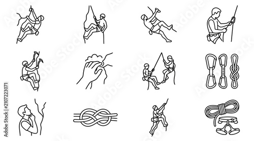 Foto Rock Climbing Icon Set: People climbing, equipment, knots, and safety gear