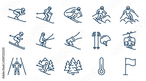 Foto Skiing Icons Set: Winter Sports, Snowboarding, Mountains, Ski Lift, Snowboard, E