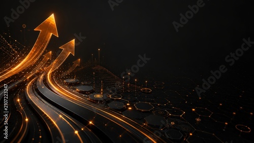 Futuristic Traffic Growth Technology Background with Orange Upward Arrows and Dynamic Digital Pathway Network