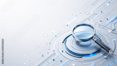 Modern Digital Audit Technology Background with Magnifying Glass and Blue Interface