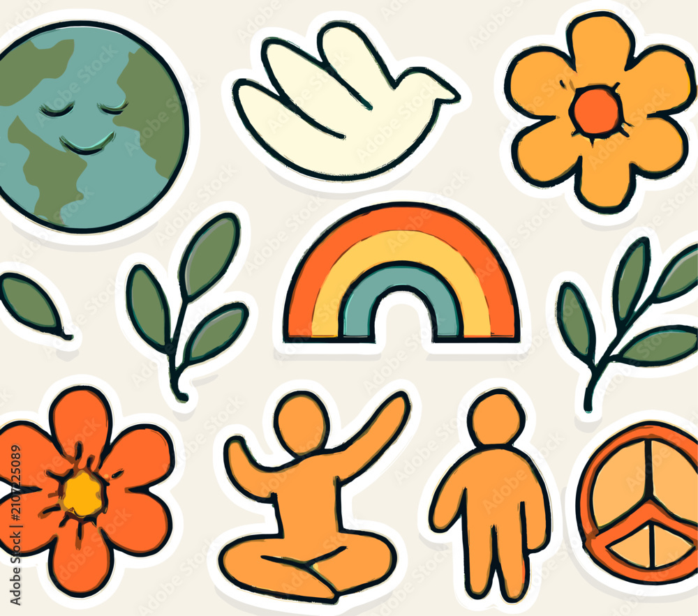 Fototapeta premium A collection of colorful, hand-drawn stickers featuring symbols of peace, nature, and well-being, including Earth, a dove, flowers, leaves, a rainbow, meditating figures, and a peace sign.