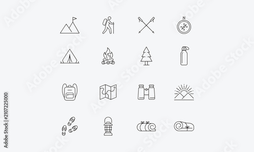 Hiking icons set. Contain icons related to Hiking, adventure, outdoor, mountain, nature