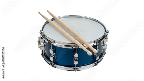 Konstfotografi Blue military marching snare drum with wooden sticks isolated on transparent bac