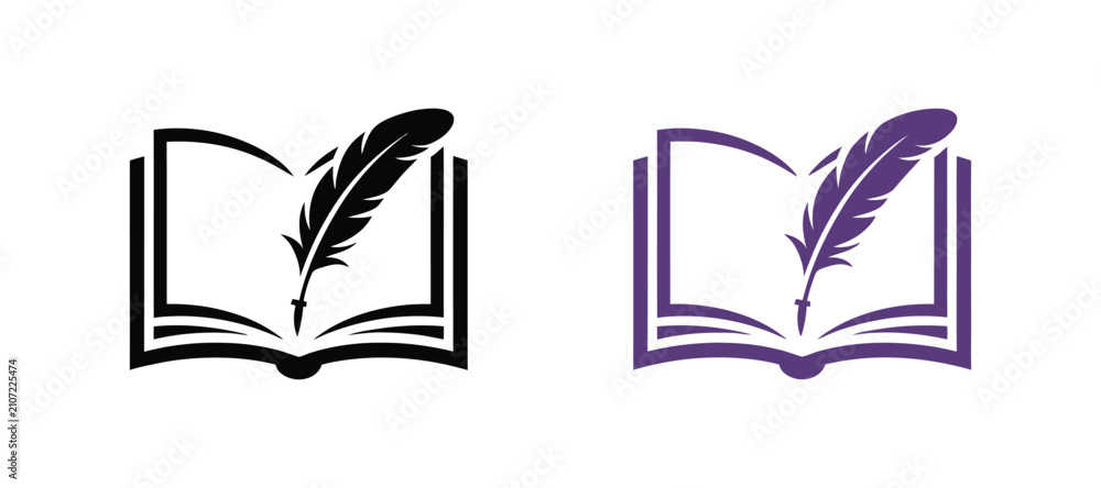 Fototapeta premium Open Book and Quill Feather Pen Icon Set – Minimalist Line Vector Symbols for Education, Literature and History