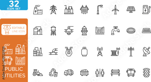 Public utilities line editable Icons set. Vector illustration. Contains icons related to public utilities, Gas, electricity, water, heating, and more. on transparent background.