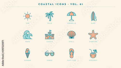 Colorful Coastal Themed Icons Set Featuring Beach Elements Like Sun Palm Trees Surfboards and Beach Accessories