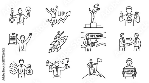 Business Success Icons: Achievement, Growth, Teamwork, and Innovation Line Art Collection