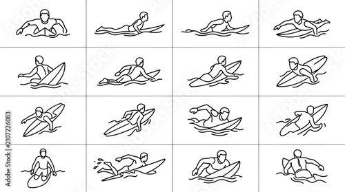 Foto Surfing Sequence: Paddling, Catching Wave, Riding Board, Standing Up - Line Art