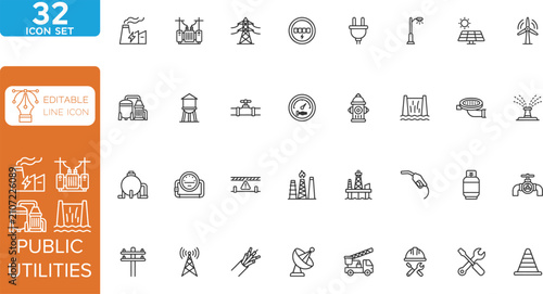 Public utilities line editable Icons set. Vector illustration. Contains icons related to public utilities, Gas, electricity, water, heating, and more. on transparent background.