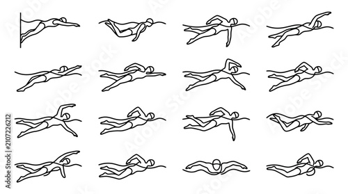 Fotografie Swimming Strokes Sequence: Freestyle, Backstroke, Breaststroke & Butterfly Illus