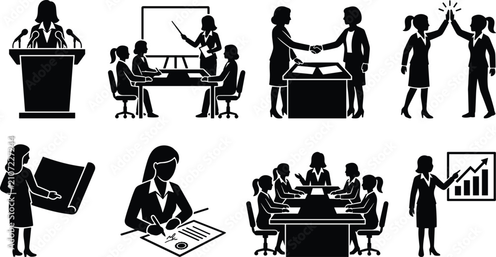 © Mehedi - Businesswoman and Women Leadership Silhouette Set Featuring Speech, Presentation, Handshake, High Five, Blueprint, Contract, and Meeting