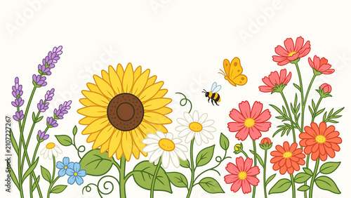 Colorful handdrawn illustration of cheerful flowers and pollinators in a vibrant garden scene