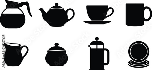 Konstfotografi Coffee and tea service equipment black silhouettes set featuring decanter teapot