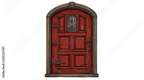 Antique Red Wooden Door with Ornate Iron Grille.