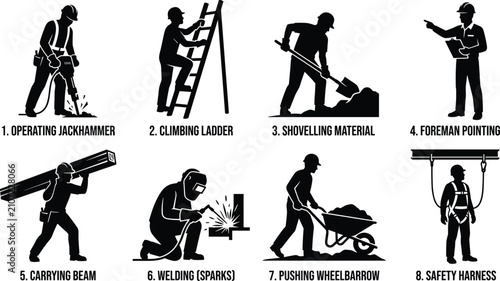 Photos Construction worker silhouettes set featuring jackhammer operator ladder climbin