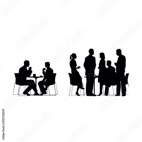 People silhouettes interacting at small café tables represent social gatherings and professional networking in a minimalist design.