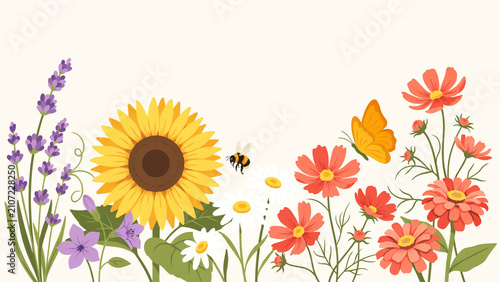 Colorful illustration of flowers butterflies and bee in a vibrant garden scene with transparent background
