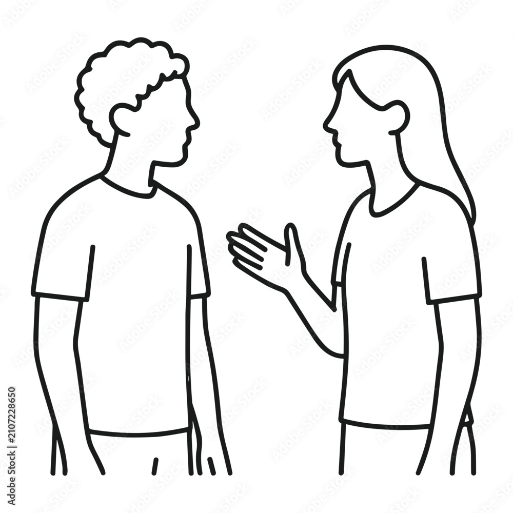 Obraz premium Minimalist line-art illustration of two people standing face-to-face in profile, engaged in conversation with one person gesturing by hand, casual interaction and communication