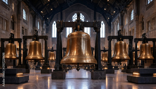 Foto Large polished bronze church bells mounted on heavy metal frames in a spacious,