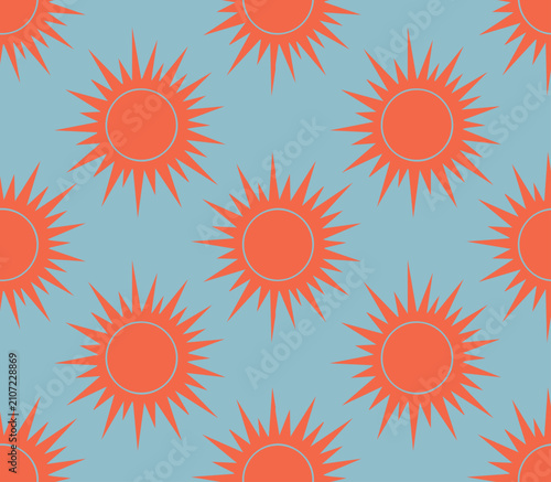 Seamless pattern with bright suns on a blue background. Vector illustration,
Minimalist abstract seamless pattern with sun. Endless print design for wallpaper, textile, fabric, wrapping paper.