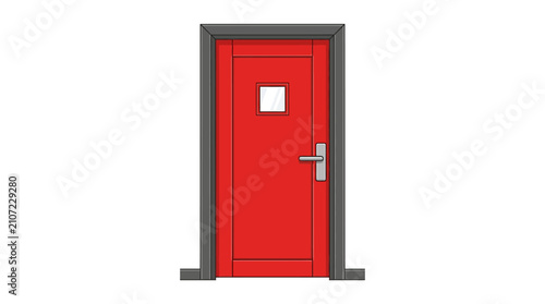 Red door with metal handle and small window.