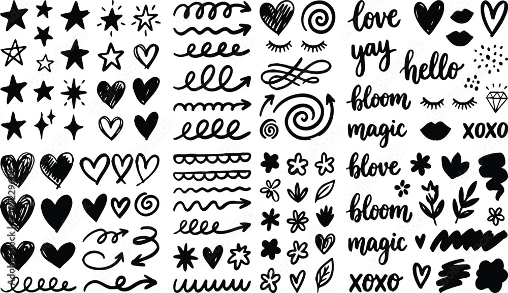 Obraz premium Hand drawn doodle elements set. Sketchy hearts, stars, and arrows for creative design.