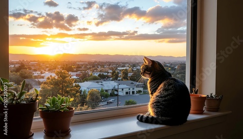 Woman enjoying sunset view from balcony with coffee.