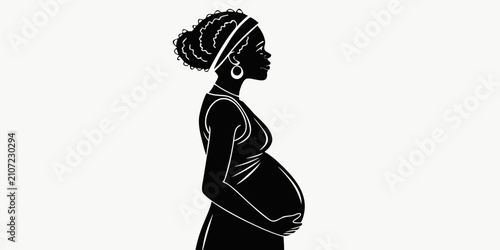 Black pregnant woman silhouette profile view, isolated on white background, black silhouette