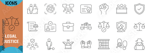 Legal justice crime vector icons. scales icon set, gavel icon set, fingerprint icon set