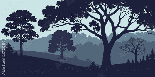 Black silhouette forest landscape with mountains at dusk, dramatic sky trees