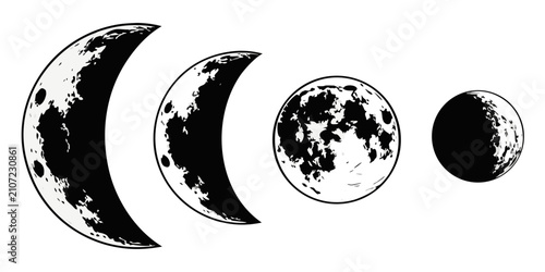 Black silhouette moon phases isolated on white background, crescent, half, full, and new moon
