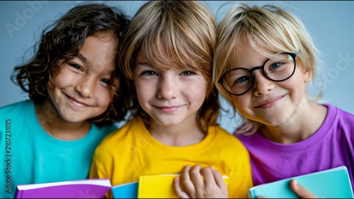 Three smiling schoolchildren holding colorful notebooks, a bright back-to-school portrait about education, friendship and learning