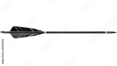 Isolated black feathered arrow with fletching and point for hunting and target shooting.