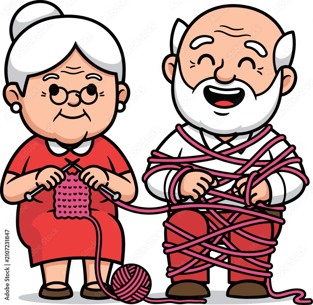 Fototapeta premium Elderly couple knitting and smiling with yarn around the man 