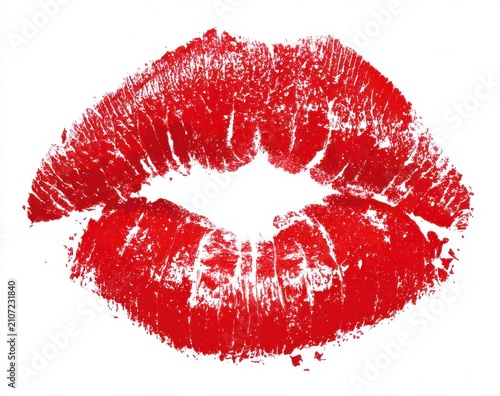Plakat w ramie Bright red lipstick kiss mark isolated on white background for design with lipstick cosmetic valentines isolated feminine affection romantic cosmetics valentine greeting