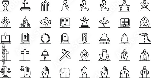 Bild auf Leinwand Christian and Church Line Icon Set with Religious Symbols Crosses Bible and Fune