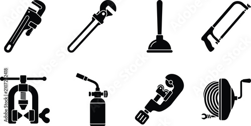 Foto Plumbing Tools Icon Set Featuring Pipe Wrench, Plunger, Hacksaw, Flaring Tool, B