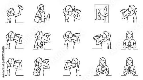 Fotografía Woman Drinking Water From Bottle Line Art Illustrations Set
