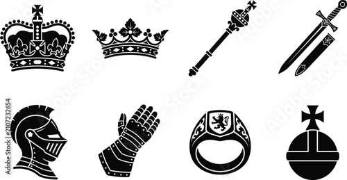 Schilderij op canvas Royal Regalia and Medieval Knight Icon Set Featuring Crown, Scepter, Sword, Helm