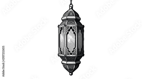 Ornate hanging lantern with intricate patterns and glass panes, decorative oriental light fixture, traditional Ramadan or Eid illumination, ambient mood lighting, black and white engraving.