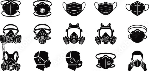 Respirator and Dust Mask Silhouette Icons, PPE Respiratory Protection Vector
