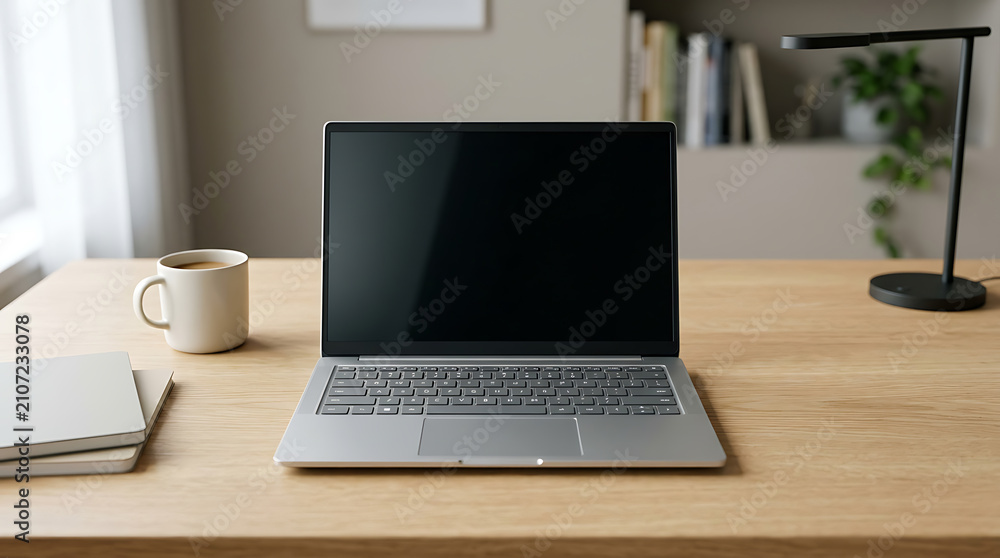 Fototapeta premium Laptop computer with blank screen on wooden desk in a modern home office